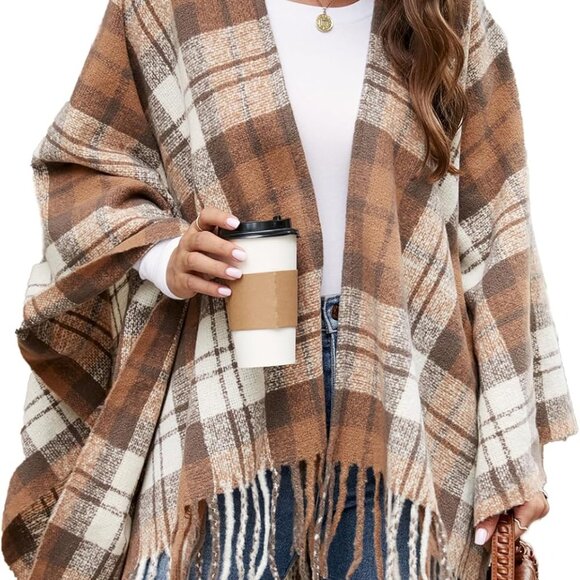 Women Boho Buffalo Plaid Poncho Pashmina Shawl Wrap Cape Sweater Knitting Cardig - Picture 1 of 5